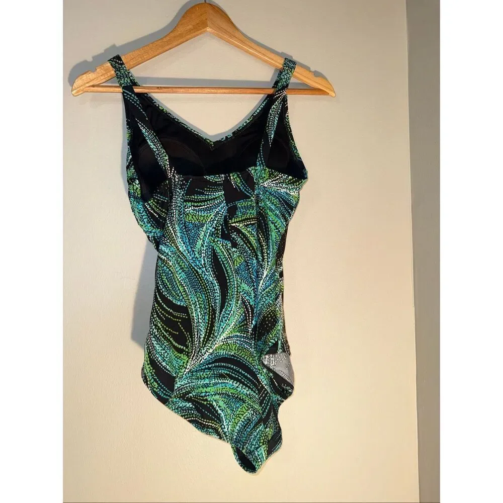 Speedo Women's Size 12 One Piece Swimsuit Black Blue Green Abstract Dot Firework